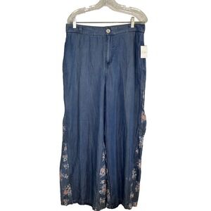 Retro Floral Wide Leg Pant Blue 14 Boho Indie Hippie Western Festival Concert